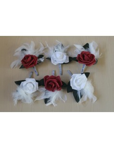 6 boutonnières mariage couleur blanc et bordeaux