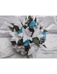 Bouquet Mariée Rond "camille" avec des lys, roses, perles et feuilles