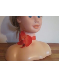Collier ras du cou de mariage avec orchidée rouge, ruban d'organza