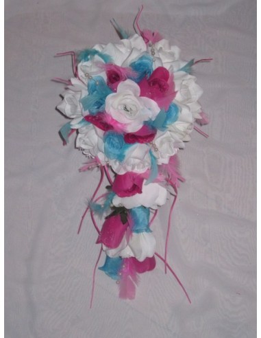 Bouquet de Mariage Cascade thème bonbons blanc, turquoise, rose vif