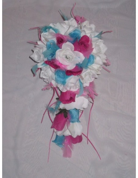 Bouquet de Mariage Cascade thème bonbons blanc, turquoise, rose vif