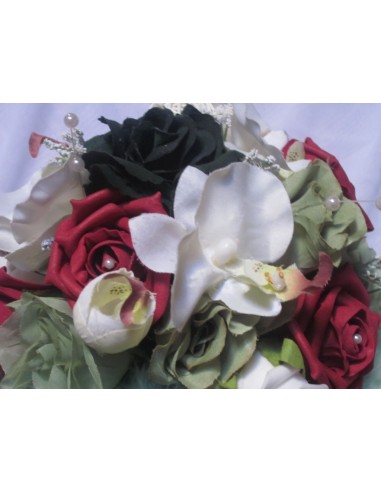 Bouquet de Mariée Rond bordeaux vert avec des roses et orchidées