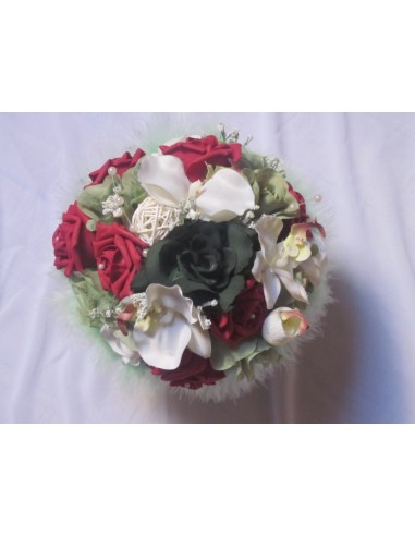 Bouquet de Mariée Rond bordeaux vert avec des roses et orchidées