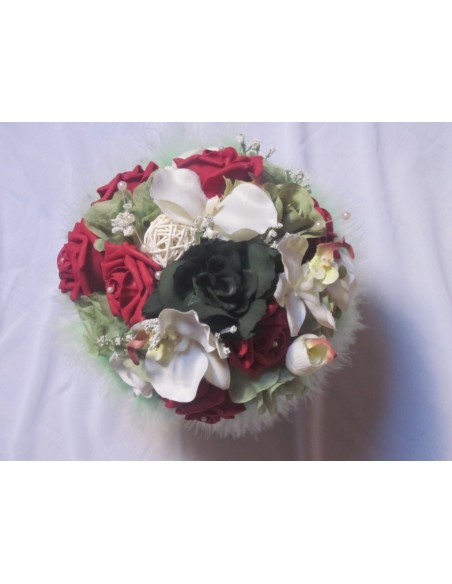 Bouquet de Mariée Rond bordeaux vert avec des roses et orchidées