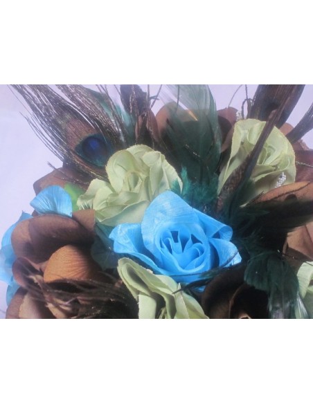 Bouquet Mariage Cascade thème Paon Chocolat, Vert et Turquoise