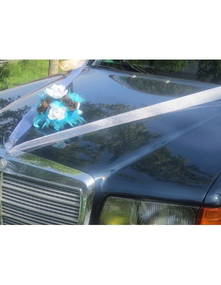 Décoration voiture mariage thème chocolat, turquoise avec plumes