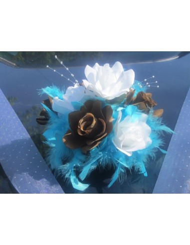 Décoration voiture mariage thème chocolat, turquoise avec plumes