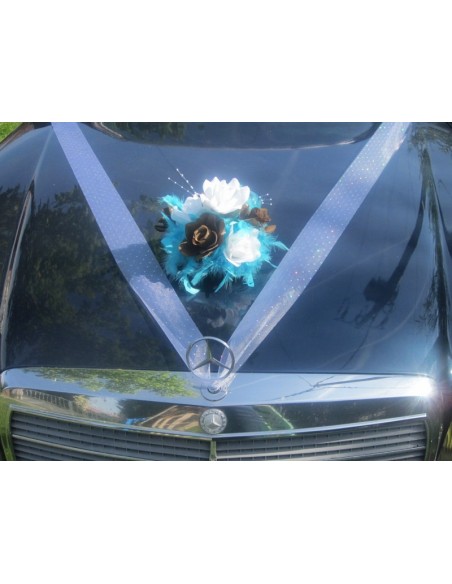Décoration voiture mariage thème chocolat, turquoise avec plumes