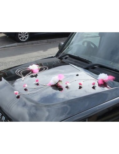 Lot décoration voiture mariage thème fushia, blanc avec coeurs