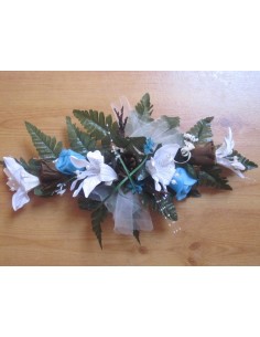 Composition florale pour table de mariage thème turquoise, chocolat
