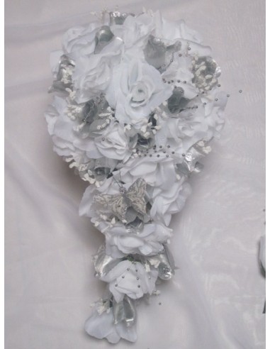 Bouquet de Mariée Cascade Blanc Argent avec roses et papillon