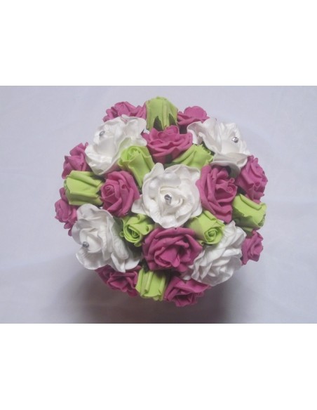 Bouquet de mariée rond fushia,anis avec roses et diamants fantaisie