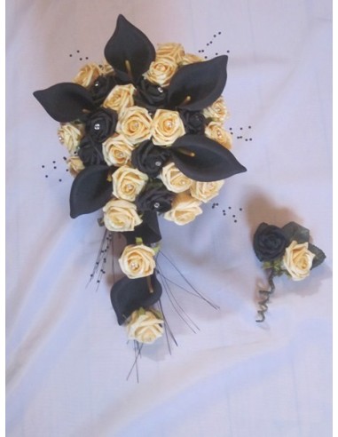 Lot bouquets Mariage Noir et Jaune avec de belles Roses et des Lys